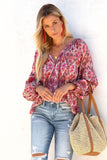 Rose Split Neckline Front Buttons Floral Print Blouse