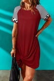 Wine Red Fashion Striped Leopard Sleeve Splicing Short Dress
