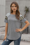 Khaki Striped Leopard Print Short Sleeve Women T-shirt