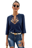 Boho Embroidered V Neck 3/4 Sleeve Casual Blouse