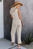 V Neck Button Belted Jumpsuit with Pockets