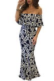 Turquoise Roses Print Off-the-shoulder Maxi Dress