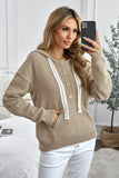 Kangaroo Pocket Button Lace Drawstring Hooded Pullover Sweater