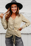 Gray Drawstring Ruched Knit Long Sleeve Top