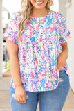 Vibrant Botanical Print Frill Short Sleeve Plus Size Top