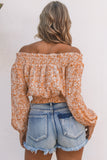 Orange Ruffled Shirred Off Shoulder Floral Top