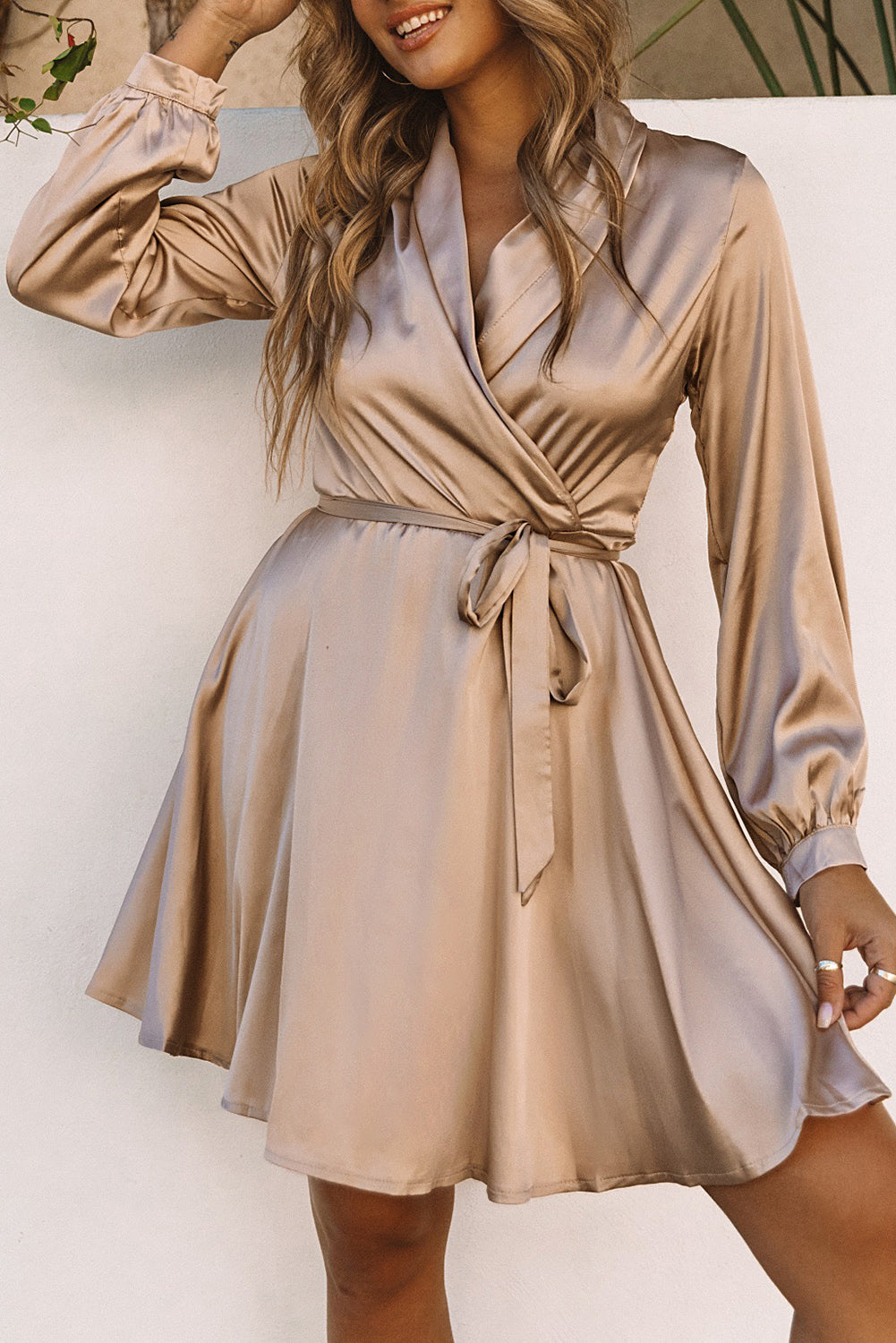 Satin V Neck Wrap Long Sleeve Dress with Tie ALELLY