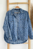 Sky Blue Oversized Leopard Denim Jacket with Pockets