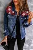 Snowflake Plaid Patchwork Distressed Denim Jacket