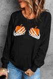 Black Pumpkin Skeleton Graphic Print Long Sleeve Sweatshirt