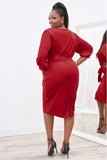 Plus Size Puff Sleeve Wrap V Neck Midi Dress