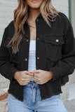 Black Distressed Flap Pockets Frayed Hemline Denim Jacket