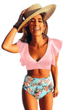 Floral Ruffled Hem High Waist Bikini Set