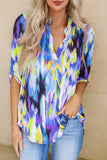 Tie Dye Button Tab-Sleeve V-Neck Blouse