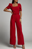 Burgundy Belted Square Neck Puff Sleeve Jumpsuit