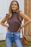 Ribbed Ruffled Sleeve Mock Neck Blouse