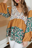 Green Color Block Floral Print Loose Blouse