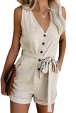 Button V Neck Romper with Belt