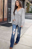 Gray Bell Sleeves Crochet Insert Blouse