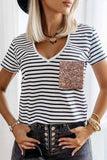 V Neck Striped T-shirt with Patch Pocket