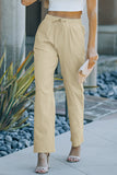 Khaki Drawstring Elastic Waist Pockets Long Straight Legs Pants