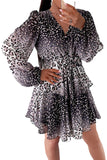 Leopard Buttoned Tie Waist Ruffle Puff Sleeve Mini Dress