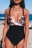 Brown Tie-dye Colorblock Crisscross Back One-piece Swimsuit