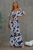 Turquoise Roses Print Off-the-shoulder Maxi Dress