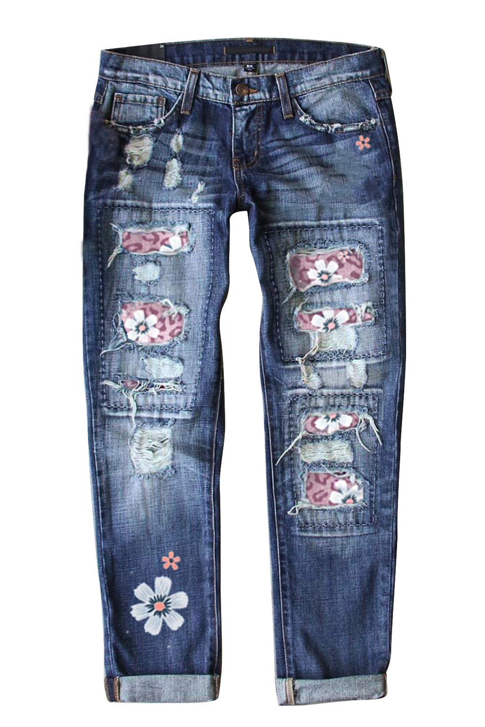 Floral Leopard Print Patchwork Distressed High Waist Jeans