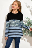 Camo Striped Color Block Girl's Crewneck Long Sleeve Top