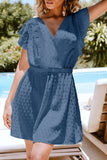 Sky Blue Swiss Dot V Neck Wrap Beach Dress