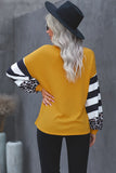 V Neck Leopard Stripe Splice Lantern Sleeve Top