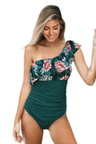 Ruffle Floral One Shoulder One Piece Swimsuit