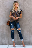 V-neck Short Sleeve Fashion Print Fantasy Fluttering Blouse