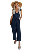 V Neck Button Belted Jumpsuit with Pockets