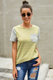 Striped Short Sleeve Contrast Color T-Shirt with Pocket