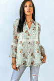 Green Floral Print Lace Crochet Trim Blouse