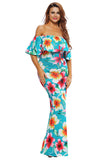 Turquoise Roses Print Off-the-shoulder Maxi Dress