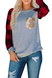 Plaid Splicing Sequined Pocket Long Sleeve Top