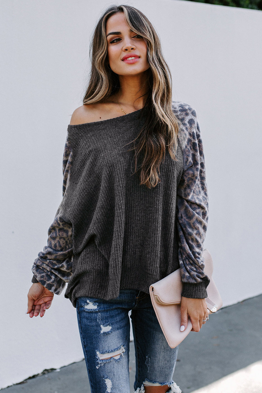Leopard Patch Ribbed Loose Long Sleeve Blouse
