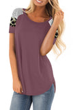 Khaki Striped Leopard Print Short Sleeve Women T-shirt