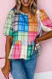 color Bold Plaid Color Block Puff Sleeve Peplum Top