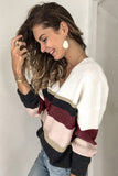 Khaki Casual Color-Block Striped Long Sleeve V Neck Sweater