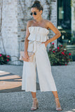 Beige Ruffled Strapless Wide Leg Jumpsuit