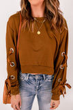 Brown Grommet Ribbon Tied Long Sleeve Crop Top
