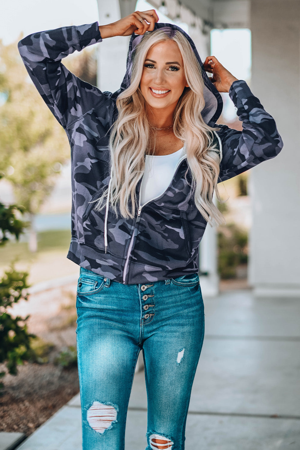 Bomber Jacket Outfit Camo Jacket With Hoodie Camo Print Zip-up