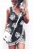 Palm Leaves Print Tassel Wrap V-Neck Mini Dress