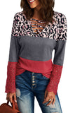Lace Splicing Hollow-out Leopard Color Block Top