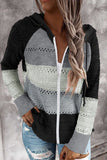 color Zipped Front Colorblock Hollow-out Knit Hoodie