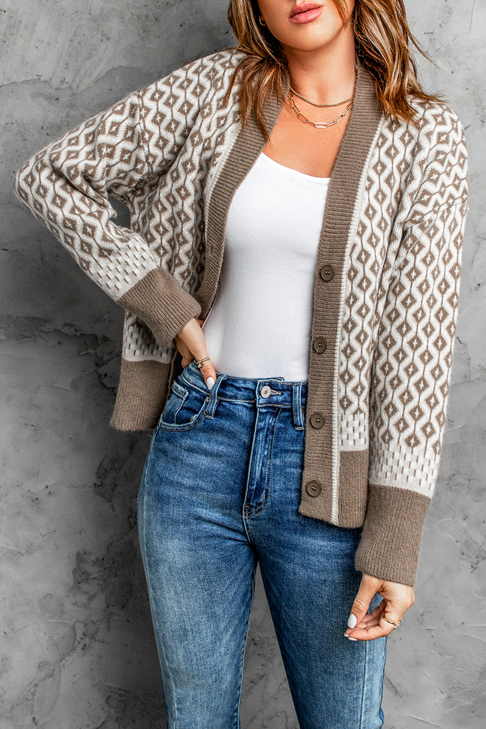 Brown Contrast Neckline Geometric Pattern Knitted Cardigan